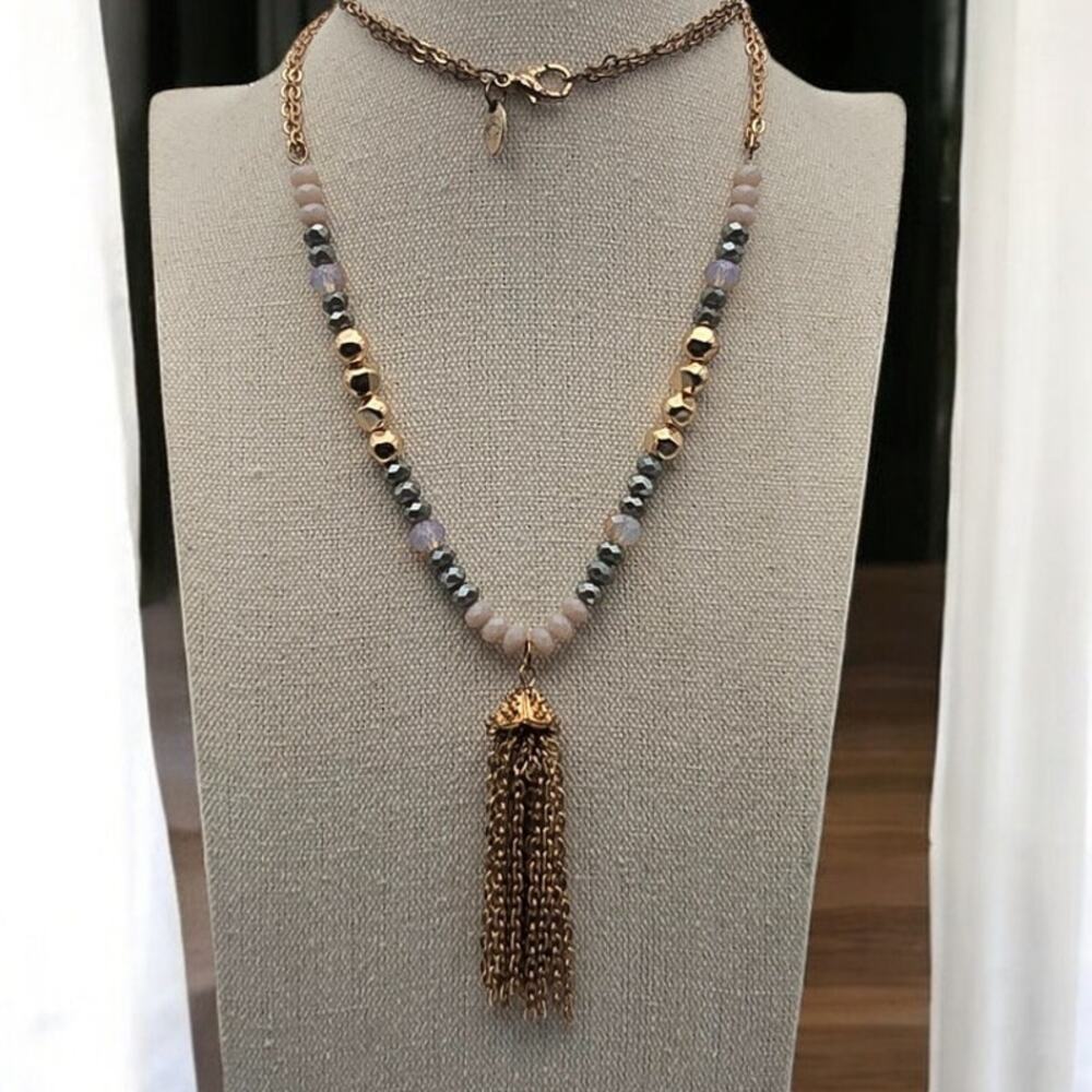 Charming Charlie Rose Pink, Champagne, Grey and Gold Beaded Tassel Necklace`